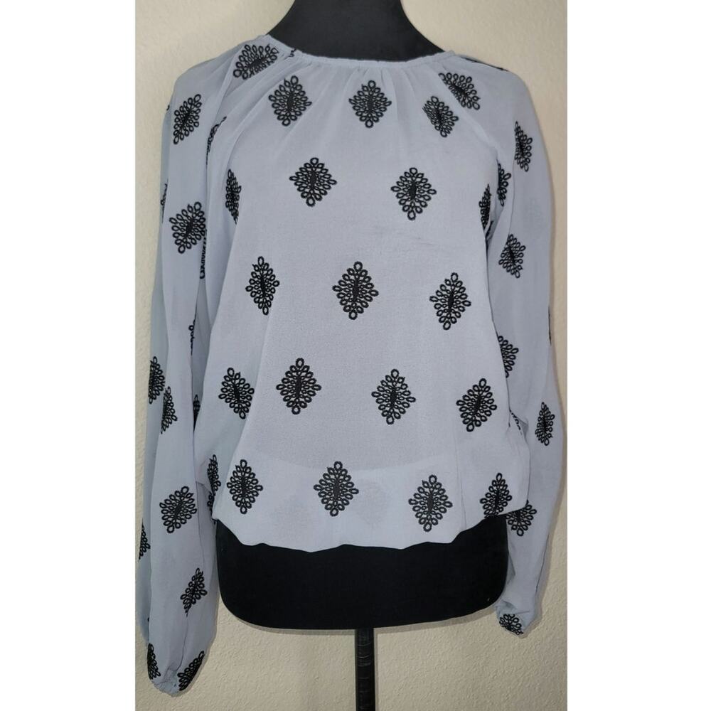 Love and Promises Light Blue Sheer Long Sleeve Blouse Black Embroidery Sz Small